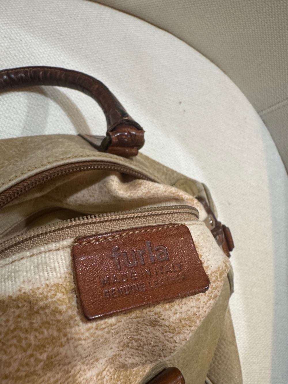Furla Vintage Two-Tone Tan and Brown Leather Satchel Bag Rare - Picture 6 of 7